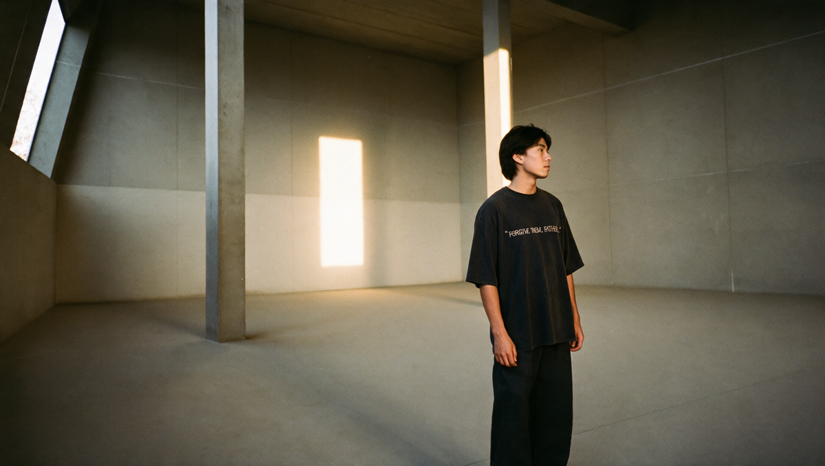 Unashamed Faith campaign - black vintage washed tee in a concrete hall