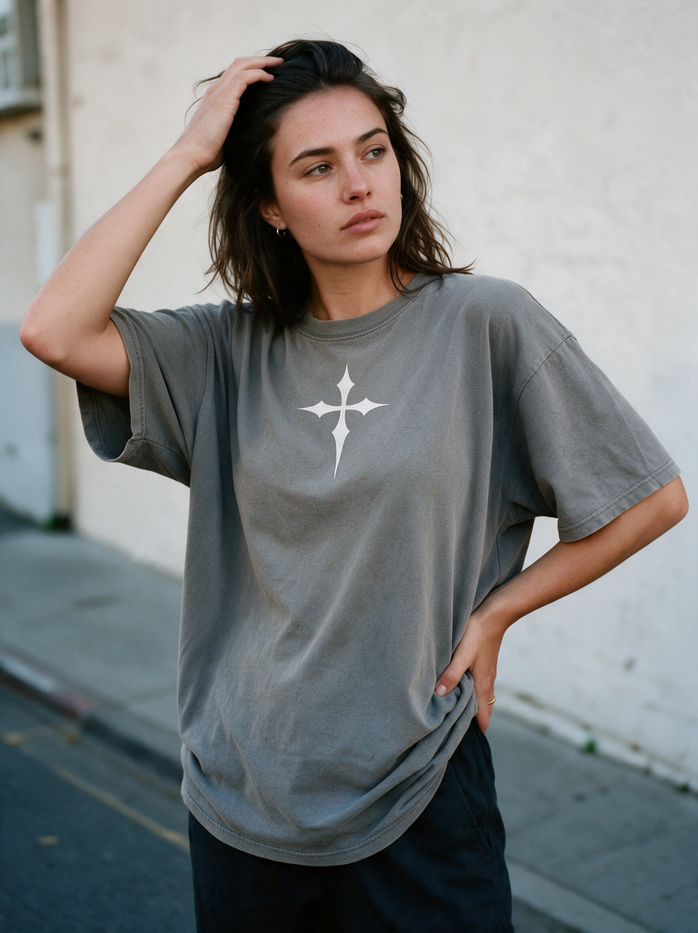Isaiah 40:31 grey vintage washed tee worn on the street — Unashamed Faith